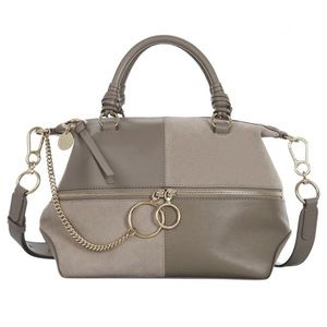 See by Chloe Emy Patchwork Suede Taupe Grey Shoulder Bag w Crossbody Strap
